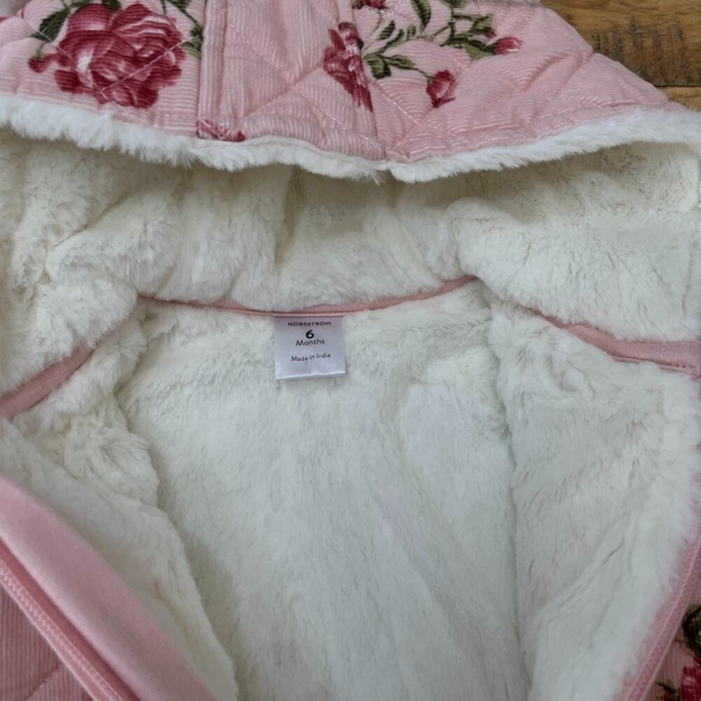 Nordstrom Bear Hooded Fleece-Lined Bunting 6 M Pink Floral Quilted - Picture 6 of 6